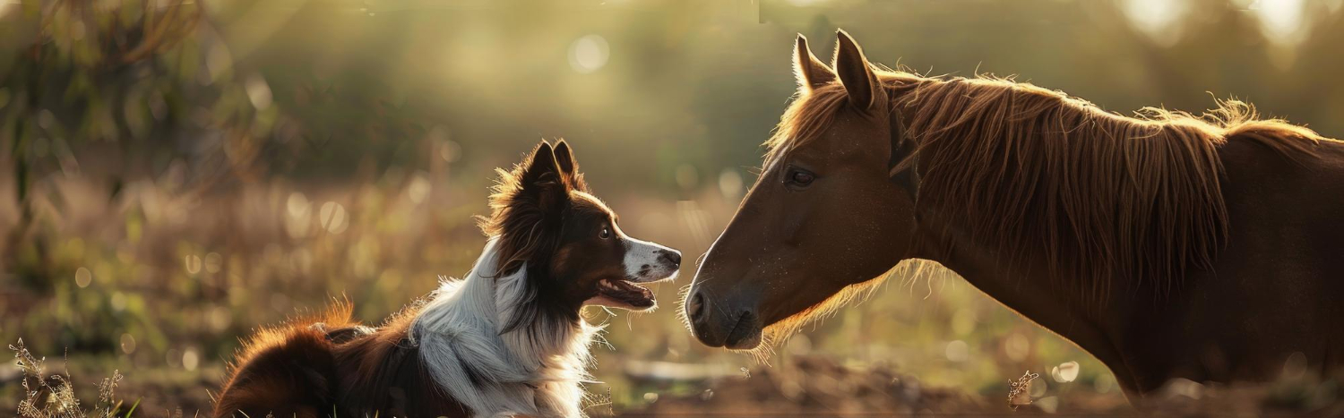 Border collie and horse greeting each other in a field at sunset