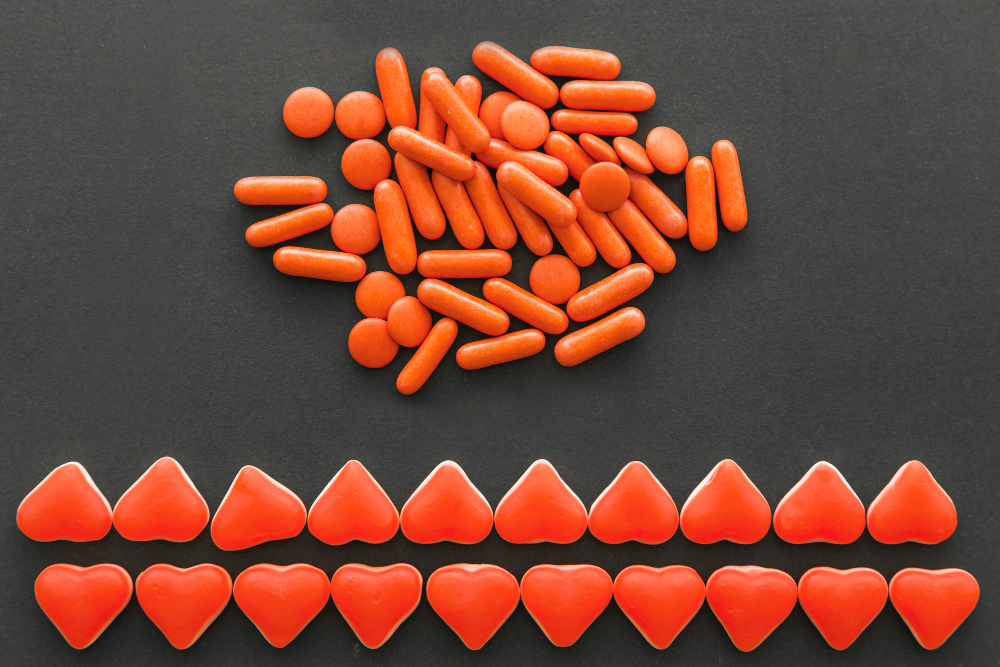 Orange pet vitamin capsules and heart-shaped treats